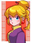  1girl blonde_hair blue_eyes braid braided_ponytail chinese_clothes earrings hair_ornament hair_stick highres jewelry kung_fu_master_peach looking_at_viewer makeup nonoworks official_alternate_costume official_alternate_hairstyle princess_peach princess_peach:_showtime! sign solo sphere_earrings 