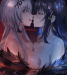  2girls armpit_crease artist_name black_hair blue_hair breast_press breasts chain fur_trim grey_hair hair_ornament hairclip highres hololive hololive_english large_breasts long_hair multicolored_hair multiple_girls nerissa_ravencroft nipples purple_eyes revision saliva saliva_trail shiori_novella sunset_skyline symmetrical_docking two-tone_hair virtual_youtuber yellow_eyes yuri 