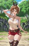  1girl absurdres atelier_(series) atelier_ryza atelier_ryza_1 blush breasts brown_eyes brown_hair cleavage commission covered_nipples fuooooo hair_ornament hairclip hat highres jewelry large_breasts looking_at_viewer navel necklace nipples open_mouth red_shorts reisalin_stout see-through short_hair short_shorts shorts skeb_commission smile solo thick_thighs thighhighs thighs white_headwear 