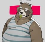  2023 anthro belly big_belly black_nose brown_body brown_fur canid canine clothing cyanroll fur kemono leaf male mammal overweight overweight_male portrait raccoon_dog shirt simple_background solo tanuki topwear 