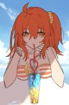  1girl ahoge bead_bracelet beads blue_sky bracelet commentary_request cup double-parted_bangs drinking_straw drinking_straw_in_mouth elbows_on_table fate/grand_order fate_(series) food fruit fujimaru_ritsuka_(female) fujimaru_ritsuka_(female)_(brilliant_summer) hair_between_eyes hair_ornament hair_scrunchie head_on_hand ice jewelry lemon lemon_slice looking_at_viewer medium_hair multiple_bracelets nail_polish orange_hair scrunchie side_ponytail sky solo swimsuit table wristband yukihara_sbgd 