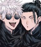  2boys :d black_eyes black_hair black_jacket blue_eyes ear_piercing getou_suguru gojou_satoru hair_bun hair_pulled_back highres jacket jujutsu_kaisen jujutsu_tech_uniform looking_at_viewer male_focus multiple_boys nashizato_(99) open_mouth piercing round_eyewear short_hair simple_background smile sunglasses teeth tongue tongue_out upper_body upper_teeth_only white_background white_hair 