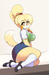  absurd_res animal_crossing anthro big_breasts big_butt blonde_hair blue_bottomwear blue_clothing blue_skirt bottomwear bow_accessory bow_ribbon breasts brown_eyes butt canid canine canis checkered_clothing clothing dipstick_hair dipstick_tail domestic_dog female floppy_ears footwear fur hair hi_res isabelle_(animal_crossing) mammal markings multicolored_body multicolored_fur nintendo pattern_clothing ponytail presenting shih_tzu shoes skirt socks solo tail tail_markings toy_dog two_tone_body two_tone_fur yellow_body yellow_fur zelripheth 
