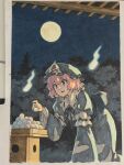  1girl blue_dress dress food forest hat highres holding holding_food japanese_clothes mob_cap moon nature night night_sky pink_eyes pink_hair puffy_sleeves ribbon saigyouji_yuyuko shiratama_(hockey) short_hair sky solo touhou traditional_media triangular_headpiece wide_sleeves 