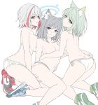  3girls absurdres air_jordan_1 animal_ear_fluff animal_ears arknights ass bare_shoulders blue_archive blue_eyes breasts cat_ears commentary cross_hair_ornament extra_ears green_eyes green_hair grey_hair hair_ornament halo highres honkai:_star_rail honkai_(series) kal&#039;tsit_(arknights) large_breasts looking_at_viewer masabodo medium_breasts medium_hair mismatched_pupils multicolored_hair multiple_girls nike panties purple_eyes red_hair shiroko_(blue_archive) shoes short_hair simple_background sneakers streaked_hair symbol-only_commentary topaz_(honkai:_star_rail) topless underwear underwear_only white_background white_hair wolf_ears 