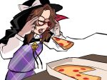  1girl black_headwear bow breasts brown_hair closed_eyes cowboy_shot food glasses hat hat_bow high_collar long_sleeves low_twintails man_levitating_pizza_(meme) medium_hair meme open_mouth pizza pizza_box pizza_slice plaid plaid_skirt plaid_vest psychic purple_skirt purple_vest quimbaya_airplane red-framed_eyewear shirt simple_background skirt small_breasts solo taco_touhou telekinesis touhou twintails usami_sumireko vest white_background white_bow white_shirt 
