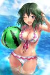  1girl ;d ball beachball bikini blue_sky bracelet breasts cleavage dark-skinned_female dark_skin floral_print frilled_bikini frills front-tie_bikini_top front-tie_top green_hair hand_on_own_head highres holding holding_ball holding_beachball idolmaster idolmaster_cinderella_girls jewelry large_breasts megurosankichi natalia_(idolmaster) navel one_eye_closed open_mouth purple_eyes short_hair side-tie_bikini_bottom sky smile solo swimsuit wading water watermelon_beachball wet 