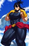  1girl abs absurdres belt_buckle black_hair blue_sky boku_no_hero_academia boots breasts buckle cape cloud cloudy_sky gloves hair_between_eyes highres large_breasts muscular muscular_female shimura_nana skin_tight sky sleeveless smile solo sotcho thighs waist_cape white_cape white_footwear yellow_gloves 
