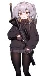  1boy backpack bag black_gloves black_jacket black_pantyhose feet_out_of_frame fingerless_gloves gloves grey_hair gun highres holding holding_gun holding_weapon ikr_(artist) jacket long_hair long_sleeves looking_at_viewer male_focus open_mouth otoko_no_ko pantyhose pleated_skirt sheath sheathed simple_background skirt solo standing sword thighband_pantyhose tongkkangi tongkkangi_(streamer) twintails weapon white_background yellow_eyes 