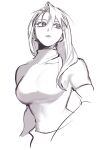  1girl absurdres breasts fullmetal_alchemist greyscale hair_between_eyes hair_down hair_over_shoulder highres large_breasts long_hair looking_to_the_side monochrome ozaki_(tsukiko3) parted_lips riza_hawkeye shirt short_sleeves sketch solo swept_bangs tight_clothes tight_shirt toned turtleneck upper_body white_background 