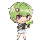  &gt;:) 1girl blush_stickers chibi closed_mouth commentary_request crocodile_hair_ornament green_hair hair_between_eyes holding holding_water_gun looking_at_viewer may_salamanya miniskirt nomura_miki pink_eyes school_uniform short_hair simple_background skirt smile smug solo standing summer_pockets v-shaped_eyebrows water_gun white_background white_skirt 