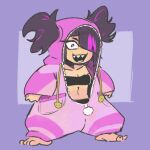  1girl :d barefoot black_hair blunt_bangs border breasts cleavage collarbone cosplay drawstring full_body hair_over_one_eye han_juri hood hood_up jacket kigurumi long_hair long_sleeves lowres midriff multicolored_hair navel official_alternate_costume open_clothes open_mouth pink_eyes purple_background purple_border sharp_teeth sidelocks simple_background sleeves_past_wrists smile solo sports_bra standing stomach streaked_hair street_fighter street_fighter_6 teeth toes twintails two-tone_hair yummypillow zipper 