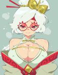  1girl aetherion bare_shoulders breasts cleavage cleavage_cutout clothing_cutout commentary covered_nipples english_commentary eyeshadow eyewear_on_head glasses goggles goggles_on_head grey_hair hair_ornament hair_stick headband heart heart-shaped_pupils highres huge_breasts looking_at_viewer makeup off_shoulder purah red-framed_eyewear red_eyes red_eyeshadow red_headband round_eyewear sheikah smile solo steam steaming_body symbol-shaped_pupils the_legend_of_zelda the_legend_of_zelda:_tears_of_the_kingdom updo upper_body 