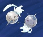  &gt;_o :d closed_mouth commentary_request espurr flying_sweatdrops full_body highres looking_at_another minccino no_humans notice_lines one_eye_closed open_mouth outdoors pokemon pokemon_(creature) purple_eyes rkn_rukonu smile space spacesuit 