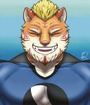  2022 anthro beard blonde_hair blue_clothing blush bust_portrait clothed clothing colored digital_media_(artwork) eyes_closed facial_hair felid front_view fur hair hi_res inner_ear_fluff male mammal muscular muscular_male open_mouth open_smile orange_body orange_fur pantherine pecs portrait signature simple_background smile solo spandex standing stripes super-nova swaggy_tamago teeth tiger tight_clothing topwear tuft vince_(super-nova) white_body white_fur 