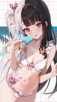  1girl :p absurdres bikini black_hair blunt_bangs blush breasts food frilled_bikini frills hair_ornament head_tilt highres hijikata_toshizou_(mibu_makoto) long_hair looking_at_viewer multicolored_hair navel nijisanji one_side_up popsicle rabbit_hair_ornament red_eyes ribbon smile solo split-color_hair stomach streaked_hair swimsuit tongue tongue_out very_long_hair virtual_youtuber white_bikini white_hair yorumi_rena yorumi_rena_(7th_costume) 