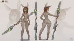  16:9 4_toes absurd_res animal_humanoid anthro big_butt breasts brown_hair bubble_butt butt clothing feet female fur green_eyes grey_body grey_fur hair hi_res humanoid lagomorph lagomorph_humanoid leporid leporid_humanoid liriel_thistlefoot_(pelorix) mammal mammal_humanoid nipples pear-shaped_figure pink_nipples pose rabbit rabbit_ears science_fiction skinsuit slim small_breasts solo staff standing_on_toes temils tight_clothing toes torc weapon wide_hips widescreen 