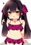  1girl animal_print arm_support bikini bikini_skirt black_bow black_hair blush bow collarbone commentary dot_nose frilled_bikini frills hair_between_eyes hair_ribbon hand_up highres idolmaster idolmaster_cinderella_girls jewelry leopard_print long_hair looking_at_viewer maju_risa matoba_risa navel necklace open_mouth pink_bikini pink_ribbon playing_with_own_hair ribbon sidelocks sitting solo stomach swimsuit thighs twintails white_background yellow_eyes 