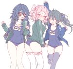 3girls aoba_tsumugi black_bow black_hair black_thighhighs blue_hair blue_jacket blue_one-piece_swimsuit blush bow closed_mouth double_bun embarrassed ensemble_stars! floral_print floral_print_bow genderswap genderswap_(mtf) glasses green_eyes green_jacket hair_bow hair_bun itsuki_shu jacket kagehira_mika long_hair looking_at_another looking_at_viewer looking_back mamama_ri multicolored_bow multicolored_hair multiple_girls one-piece_swimsuit open_mouth pink_bow pink_hair purple_bow purple_eyes short_hair sparkle swimsuit thighhighs twintails white_background white_bow white_thighhighs 