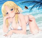  1girl absurdres bikini blonde_hair blue_eyes blush breasts brown_headwear closed_mouth commentary crab english_commentary full_body highres korean_commentary large_breasts looking_at_viewer medium_hair mixed-language_commentary moriya_suwako musi_tino ocean outdoors palm_tree sidelocks smile solo swimsuit touhou tree white_bikini 