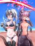  1boy 2girls absurdres beach black_shorts blue_eyes blue_sky blush commentary_request cowboy_shot cup day g_(genesis1556) grey_hair highres holding holding_cup horns long_hair multiple_girls navel nose_blush ocean original ponytail red_eyes shorts sky standing stomach thighs white_hair 