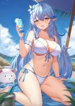 1girl ahoge bikini blue_hair blush breasts cleavage cup daifuku_(yukihana_lamy) day drinking_straw elf flower hair_flower hair_ornament highres holding holding_cup hololive ice ice_cube large_breasts long_hair looking_at_viewer navel open_mouth outdoors pointy_ears sitting sky smile solo swimsuit very_long_hair virtual_youtuber vococo white_bikini yellow_eyes yukihana_lamy 