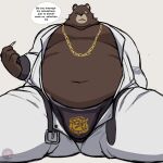  2023 anthro bear belly ben_(zenless_zone_zero) big_belly bottomwear brown_body bulge clothed clothing dialogue english_text hi_res humanoid_hands male mammal mihoyo moobs navel open_clothing open_shirt open_topwear overweight overweight_male pants scar shirt shyybuchi simple_background sitting solo text topwear underwear zenless_zone_zero 