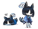  1girl animal_ears black_eyes black_hair blue_archive cat_ears cat_girl cat_tail chan_co chibi entangled halo haori japanese_clothes kikyou_(blue_archive) multiple_tails pleated_skirt school_uniform serafuku short_hair simple_background skirt socks string tail white_background white_socks zouri 