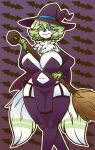  absurd_res anthro bat big_breasts blue_eyes breasts broom cleaning_tool clothing female fluffy fluffy_tail fur generation_6_pokemon green_hair hair hat headgear headwear hebleh hi_res magic_user mammal mature_female meowstic navel neck_tuft nintendo pokemon pokemon_(species) purple_clothing shadyshadsie tail thick_thighs tuft twin_tail white_body white_fur witch witch_costume witch_hat 