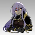  1girl alternate_costume breasts corruption dark_persona evil_grin evil_smile facial_mark fire_emblem fire_emblem:_genealogy_of_the_holy_war forehead_mark grin hand_on_own_chin julia_(fire_emblem) long_hair looking_at_viewer mind_control purple_hair red_eyes simple_background smile solo yukia_(firstaid0) 