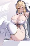  1girl azur_lane bangs bare_shoulders between_breasts black_dress black_gloves blonde_hair blurry blurry_background blush breasts commentary cross crossed_bangs crossed_legs detached_sleeves dress gloves habit hair_between_eyes highres horns huge_breasts implacable_(azur_lane) invisible_chair kuavera long_hair looking_at_viewer red_eyes sideless_outfit sitting skindentation sleeveless sleeveless_dress thick_thighs thighhighs thighs 
