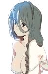 1girl bare_shoulders black_eyes bow_(bhp) braid braided_ponytail breasts cleavage collarbone copyright_request green_hair hair_between_eyes hair_over_shoulder large_breasts long_hair off_shoulder simple_background solo upper_body white_background 