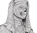  1boy bandaged_head bandages blue_eyes commentary crosshatching greyscale hatching_(texture) head_scarf king_baldwin_iv kingdom_of_heaven kulissara-aung leprosy male_focus monochrome portrait scar scar_on_face solo spot_color 