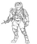  2022 ammunition anthro ear_piercing felid feline female gun hotchkisstank leg_armor looking_aside mammal military_clothing military_jacket military_pants monochrome piercing pouch_(clothing) ranged_weapon saber-toothed_tiger semi-automatic shotgun simple_background solo weapon 