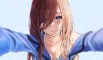 1girl absurdres blue_background blue_collar blue_eyes blue_shirt blurry blush breasts brown_hair cleavage closed_mouth collar collarbone commentary_request depth_of_field eyebrows_hidden_by_hair eyelashes foreshortening go-toubun_no_hanayome hair_between_eyes hair_over_breasts hair_over_one_eye happy head_tilt highres large_breasts lips long_hair looking_at_viewer nakano_miku no_bra off_shoulder pov raikun_raikun shirt simple_background smile solo straight-on upper_body 