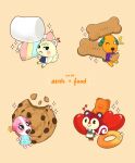  2boys 2girls :&gt; :3 :o absurdres animal_crossing apron belt biskit_(animal_crossing) blue_dress blue_vest blush blush_stickers brown_background buttons candy chocolate_chip_cookie closed_mouth collared_shirt commentary_request cookie cookie_(animal_crossing) dog_biscuit dog_boy dog_girl dress eating floral_print food furry furry_female furry_male green_dress gummy_bear heart highres holding holding_food long_sleeves looking_at_viewer marshal_(animal_crossing) marshmallow multiple_boys multiple_girls notice_lines one_eye_closed open_mouth pawpads pet_food pinafore_dress poppy_(animal_crossing) purple_shirt sharkbooi shirt short_sleeves simple_background sleeveless sleeveless_dress smile sparkle squirrel_boy squirrel_girl v-shaped_eyebrows vest waist_apron white_apron white_belt white_shirt 