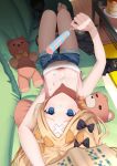  1girl abigail_williams_(fate) absurdres bandaid bandaid_on_face bandaid_on_forehead bare_shoulders black_bow black_cat black_jacket blonde_hair blue_eyes blue_shorts blush book bow breasts camisole cat collarbone couch crossed_bandaids denim denim_shorts downblouse fate/grand_order fate_(series) forehead hair_bow highres jacket long_hair looking_at_viewer lying on_back orange_bow parted_bangs polka_dot polka_dot_bow shiro_ami short_shorts shorts small_breasts solo stuffed_animal stuffed_toy teddy_bear thighs unworn_jacket upside-down white_camisole 