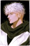  1boy black_background blue_eyes closed_mouth expressionless gojou_satoru highres jujutsu_kaisen male_focus messy_hair ndsoda outline portrait robe short_hair solo white_hair white_outline 