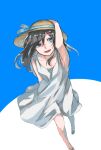  1girl :d alternate_costume alternate_eye_color arm_at_side arm_up armpits b_(bgoldmole) bare_legs black_hair blue_background blue_eyes blue_ribbon brown_headwear collarbone commentary dress foot_out_of_frame hair_between_eyes hair_ornament hairclip hat hat_ribbon kagerou_project open_mouth ribbon sleeveless sleeveless_dress slippers smile solo standing sun_hat tateyama_ayano teeth two-tone_background upper_teeth_only white_background white_dress white_footwear 
