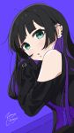  1girl absurdres artist_name black_dress black_hair blunt_bangs bocchi_the_rock! chin_piercing clothing_cutout colored_inner_hair dress ear_piercing earclip earrings from_behind gothic green_eyes highres jewelry long_dress long_hair looking_at_viewer multicolored_hair pa-san piercing purple_background purple_hair shoulder_cutout signature simple_background sleeves_past_fingers sleeves_past_wrists solo zetsuyo_chimayo 