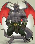  abs anthro clothed clothing dragon hi_res horn lofnirv male muscular muscular_anthro muscular_male pecs scalie smile solo tail tattoo teeth topless wings 