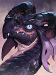  ambiguous_gender black_horn detailed dragon feral frill_(anatomy) glistening glistening_eyes hi_res horn khyaber long_neck looking_at_viewer mouth_closed pupils purple_body purple_scales red_body red_scales scales simple_background slit_pupils solo teeth white_body white_scales 