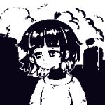  1girl ahoge bird building closed_mouth cloud greyscale minimilieu monochrome original outdoors pixel_art short_hair solo sweater thick_eyebrows upper_body 