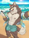  abs anthro armpit_hair beach biceps bodily_fluids body_hair bulge canid canine canis clothed clothing detailed_bulge genital_outline hi_res male mammal muscular muscular_male ogami_aratsuka open_clothing open_shirt open_topwear pecs penis_outline rossciaco scar seaside shirt solo sweat topwear vtuber wolf 
