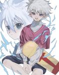 1boy birthday blue_eyes dated happy_birthday highres holding holding_skateboard hunter_x_hunter killua_zoldyck layered_sleeves long_sleeves looking_at_viewer male_child male_focus nen_(hunter_x_hunter) short_hair short_over_long_sleeves short_sleeves shorts simple_background skateboard smile white_background white_hair ziyuuuuuuda 