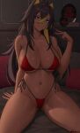  1girl animal_ears ass_visible_through_thighs bed bikini black_hair blonde_hair blue_eyes breasts collarbone crossed_bangs curvy dark-skinned_female dark_skin dehya_(genshin_impact) english_text genshin_impact hair_between_eyes hand_up highleg highleg_bikini highres jewelry large_breasts looking_at_viewer micro_bikini multicolored_hair navel necklace on_bed parted_lips pillow red_bikini ring side-tie_bikini_bottom sitting solo speech_bubble stomach streaked_hair swimsuit thighs tissue_box two-tone_hair v zaphn 