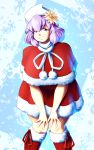  boots christmas dress flower flower_on_head hands_on_own_knees knees_together_feet_apart leaning_forward letty_whiterock medium_hair pom_pom_(clothes) purple_eyes purple_hair red_dress red_footwear santa_boots santa_costume simple_background smile snowflakes spookoarts standing touhou white_headwear 