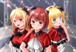  3girls arima_kana black_gloves blonde_hair blue_eyes bob_cut dress gloves hair_ribbon happy hat highres hoshino_ruby idol idol_clothes inverted_bob long_hair memcho multiple_girls open_mouth oshi_no_ko red_dress red_eyes red_hair ribbon short_hair user_rrxn8224 