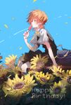  1girl absurdres ahoge aoldwang bag commentary_request flower food happy_birthday highres holding holding_food holding_popsicle koito_yuu orange_hair outdoors popsicle ribbon school_bag school_uniform short_sleeves short_twintails sitting solo sunflower tohmi_higashi_high_school_uniform twintails yagate_kimi_ni_naru yellow_background yellow_ribbon 