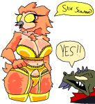  avian beak bird bra breasts cleavage clothed clothing dragon duo female glistening glistening_body insaniousjaydonius lace legwear lingerie lipstick makeup male male/female owl panties phobia presenting scalie solo stockings thick_thighs tuft underwear wide_hips xanthophobia yellow 